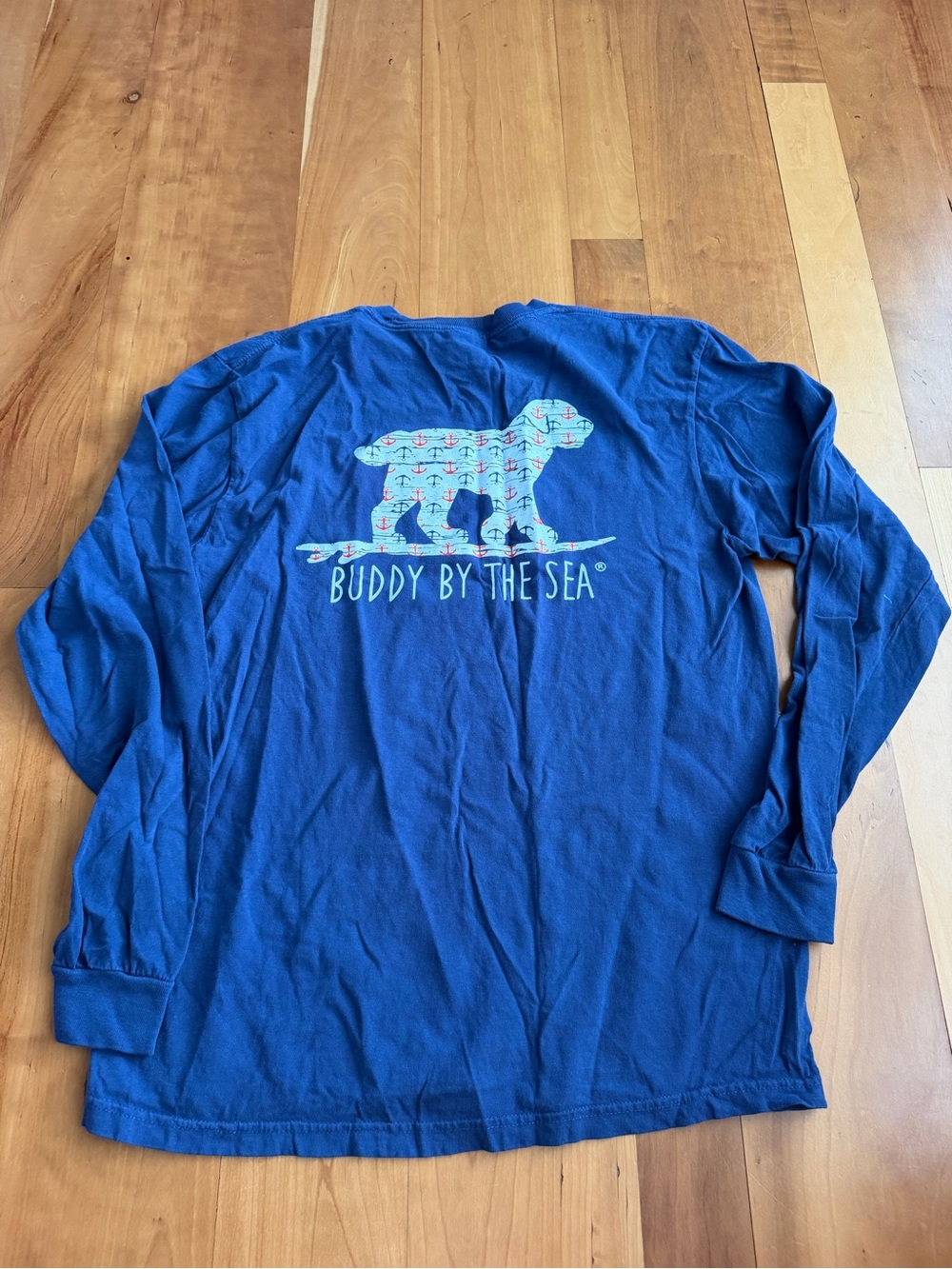 Unisex Buddy By The Sea Blue Long Sleeve Tee with Dog Graphic